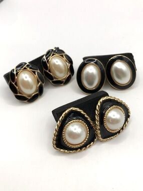 Set of Three Black and Gold-Tone with Faux Pearl Cabochons Post Earrings